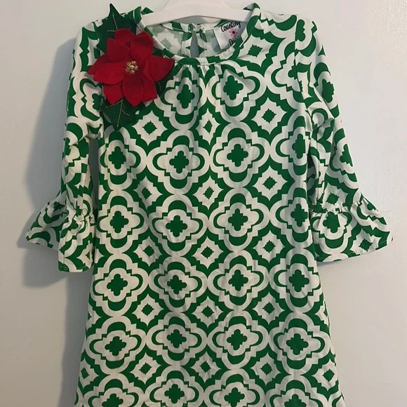 Counting Daisies Dresses | Geometric Counting Daisies Christmas Dress Trumpet Sleeve Fit & Flare Poinsettia | Color: Green/White | Size: 5G | Counting Daisies Dresses | Geometric Counting Daisies Christmas Dress Trumpet Sleeve Fit & Flare Poinsettia | Color: Green/White | Size: 5G |